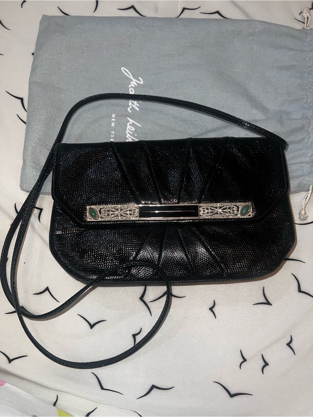 Judith Leiber Lizard Black Crossbody with Green Stone Accents
